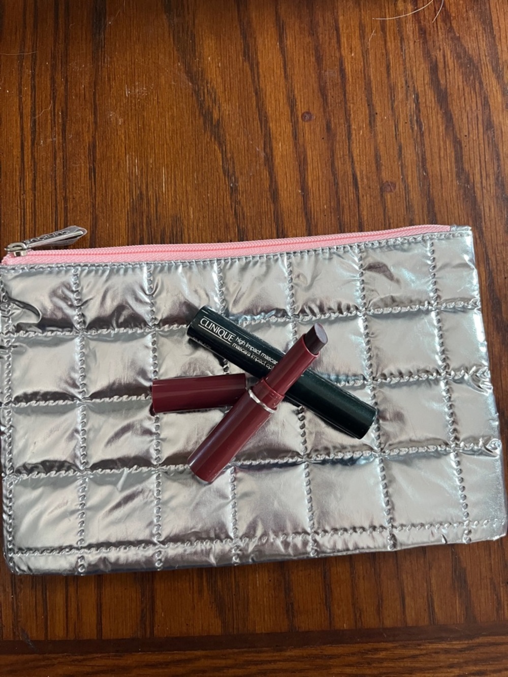 Clinique Black Honey Almost Lipstick and black mascara with Silver Quilted Pouch